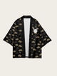Samurai Cat Print Black Kimono Haori Jacket