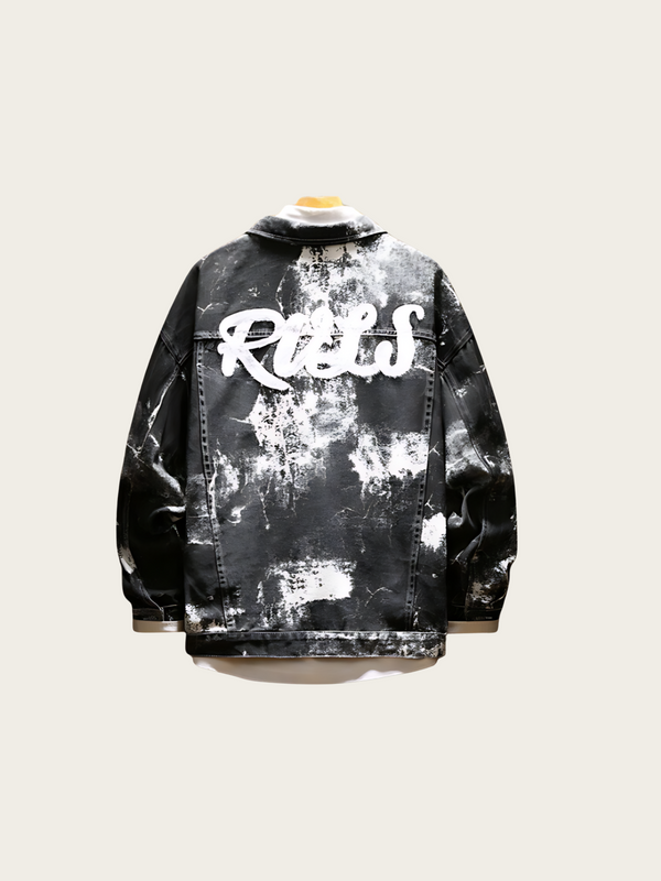 Black and white distressed jacket with 'Ricks' text on a light gray background