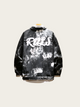 Black and white distressed jacket with 'Ricks' text on a light gray background