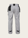 Gray work pants with black accents on a light gray background