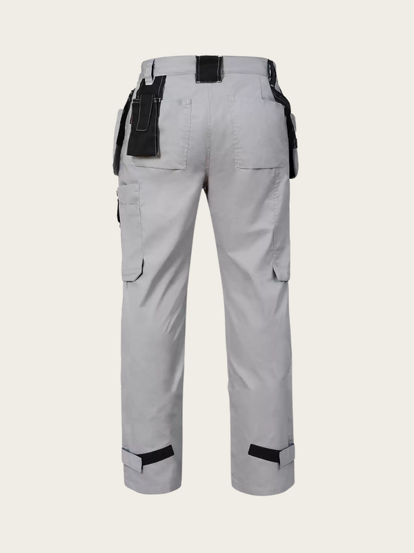 Gray work pants with black accents on a light gray background