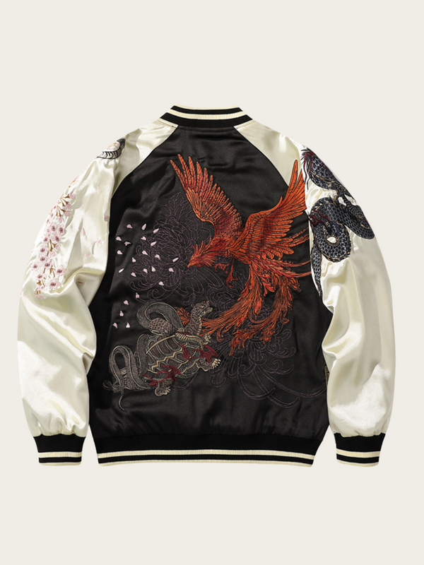 Black and white jacket with red phoenix design on a white background
