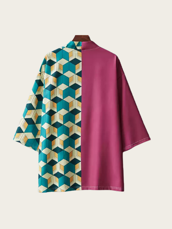 Geometric Pattern Kimono - Bold Teal and Pink Design