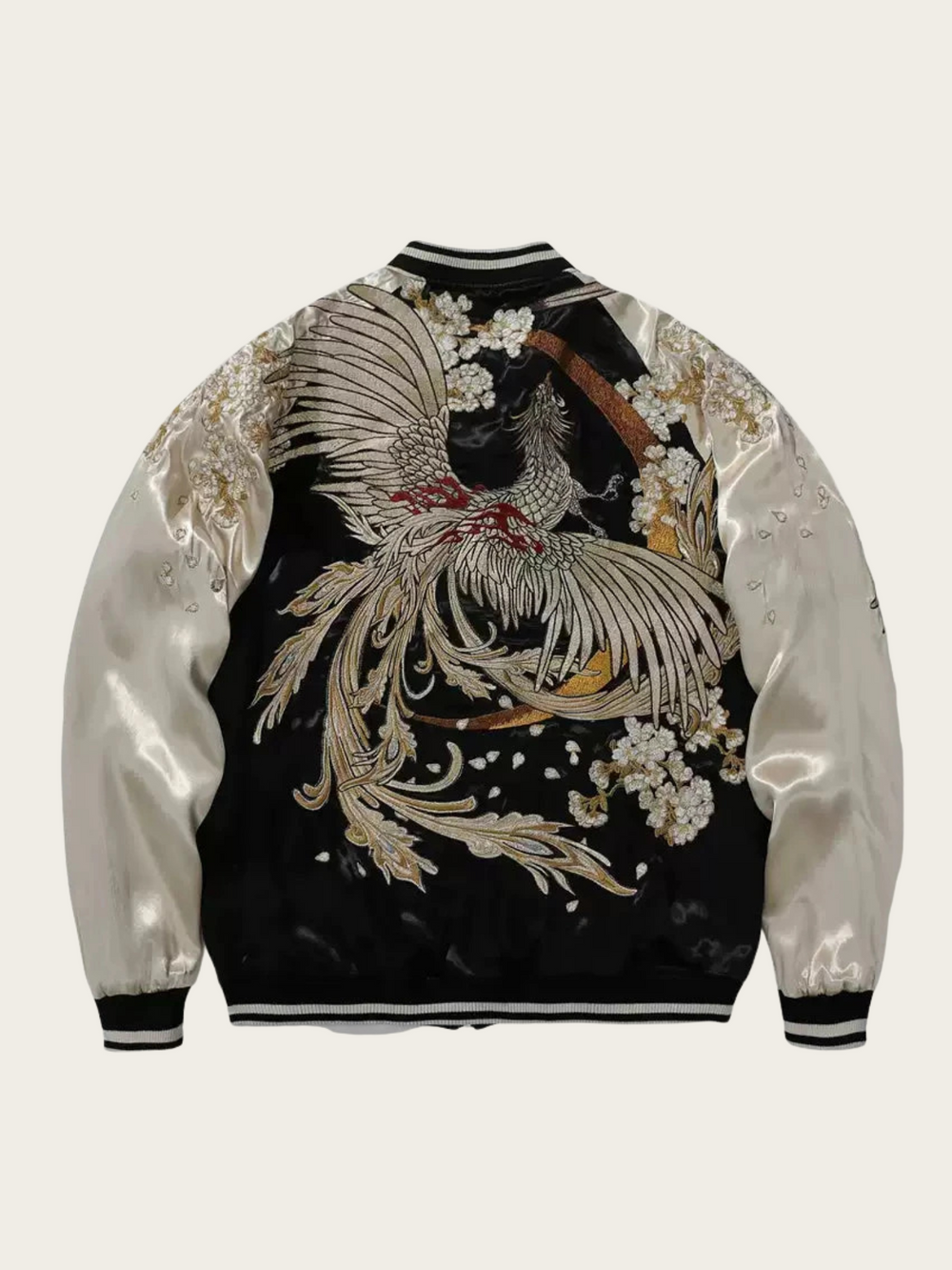Elegant jacket with phoenix design on a light beige background