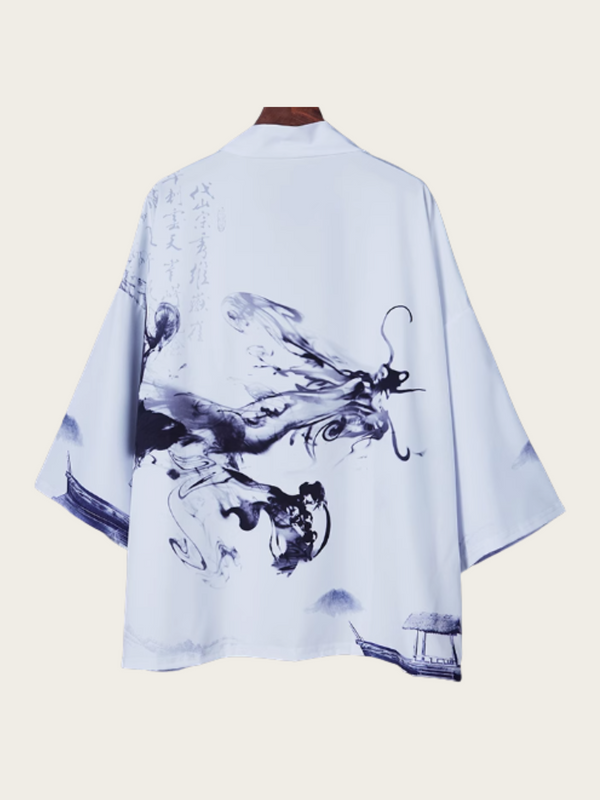 White Ink-Wash Dragon Kimono Jacket – Minimalist Haori