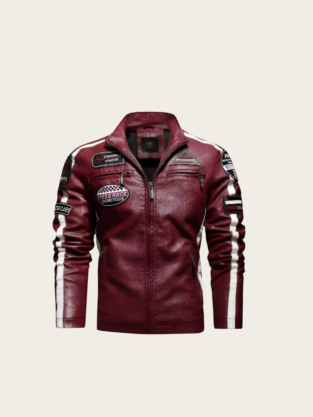 Maroon leather jacket with patches on a beige background