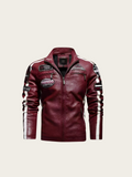 Maroon leather jacket with patches on a beige background