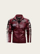 Maroon leather jacket with patches on a beige background