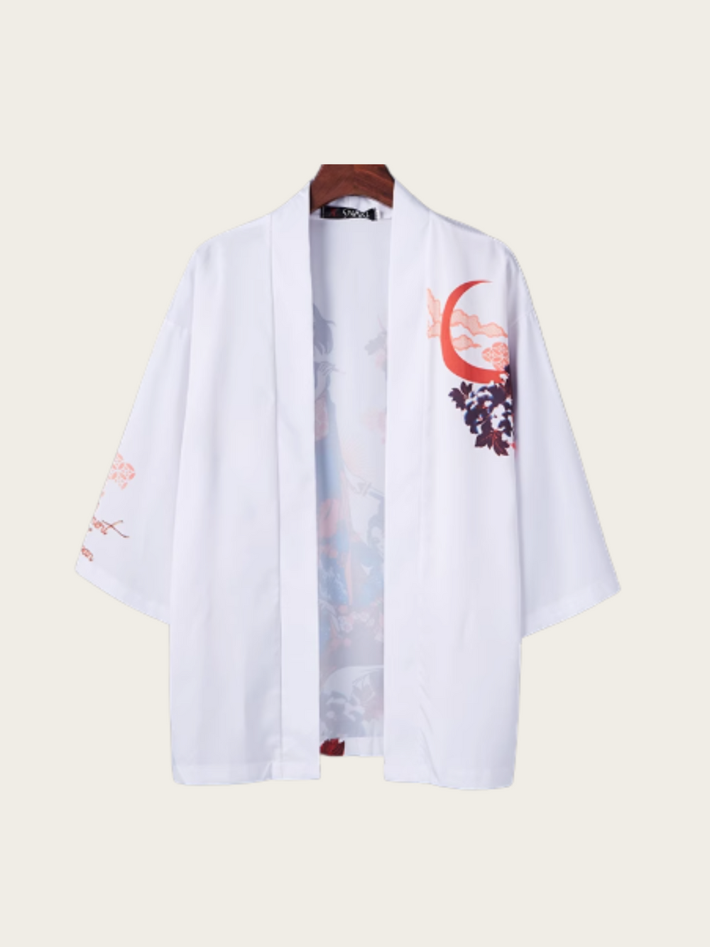 Japanese Geisha Print White Kimono Haori Cardigan Jacket