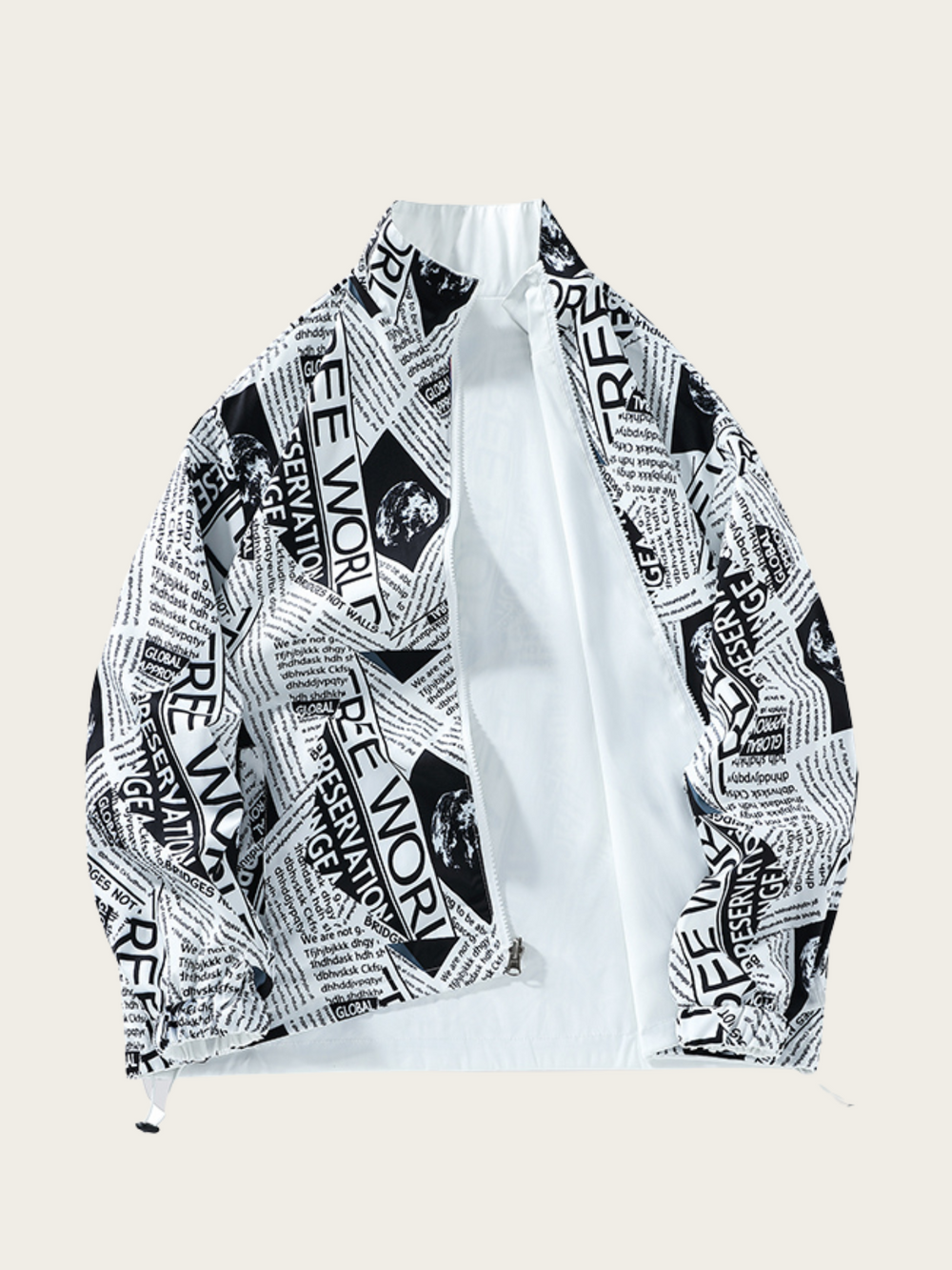 White jacket with black newspaper print on a light gray background