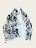 White jacket with black newspaper print on a light gray background