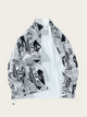 White jacket with black newspaper print on a light gray background