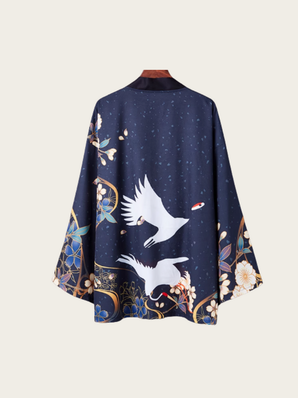 Night-Flight Crane Kimono Jacket – Midnight-Blue Haori