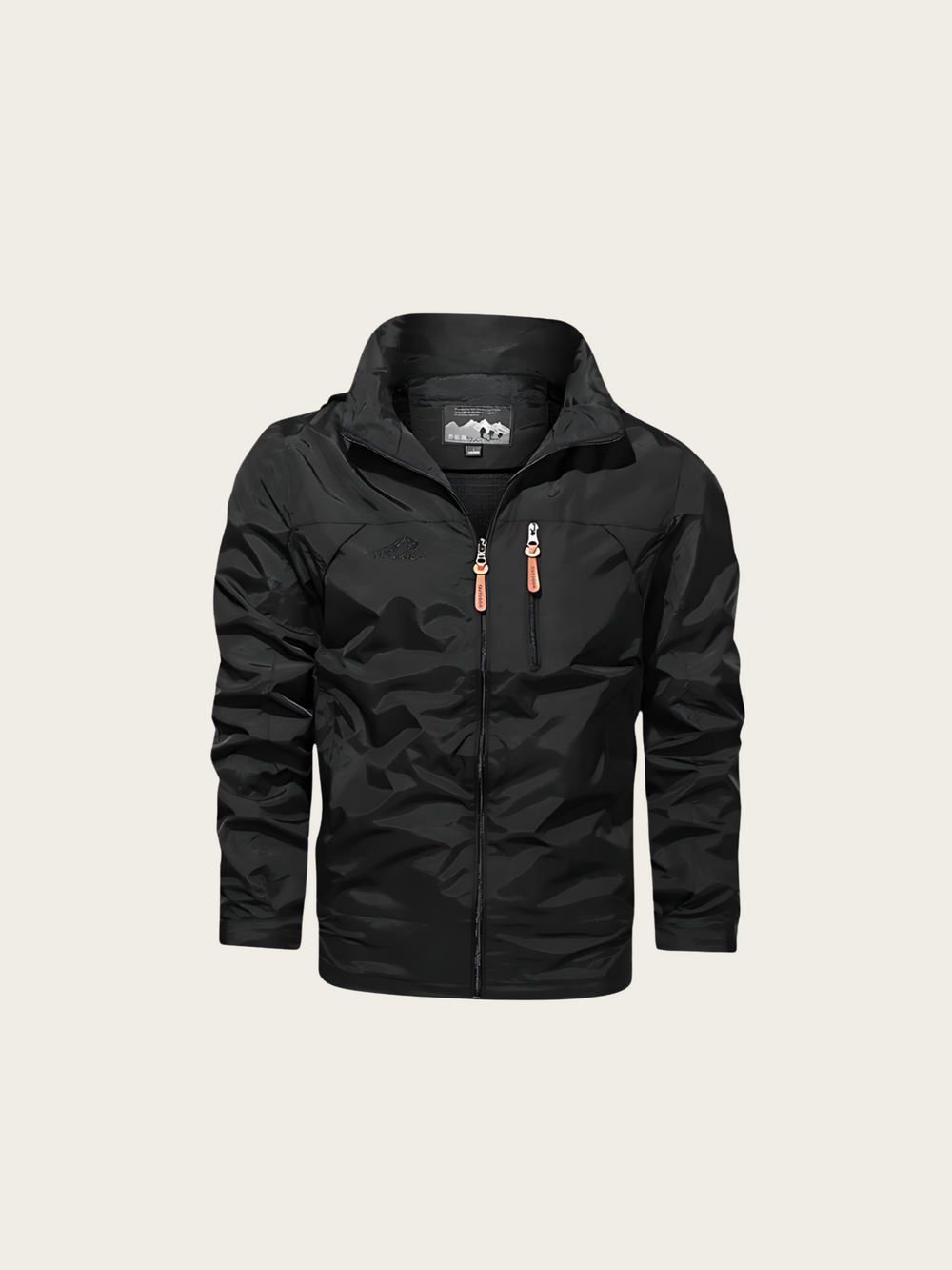 Black jacket with a brand logo on a light gray background