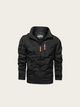 Black jacket with a brand logo on a light gray background