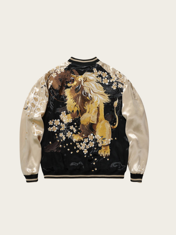 Jacket with a lion and floral design on a beige background