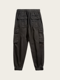 Black cargo jogger pants on a light gray background