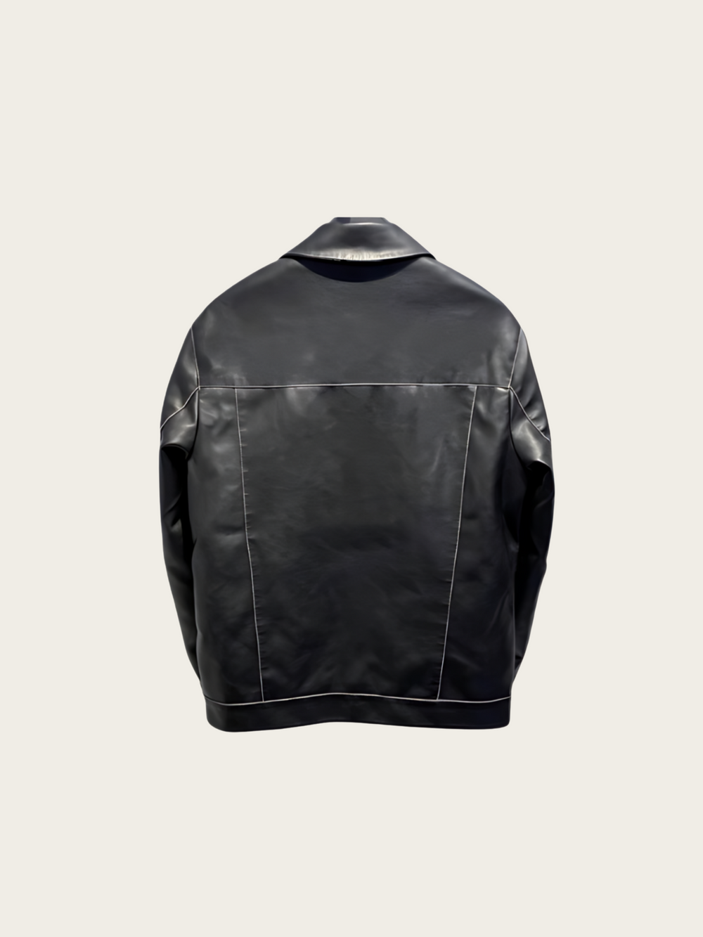 Black leather jacket on a light gray background