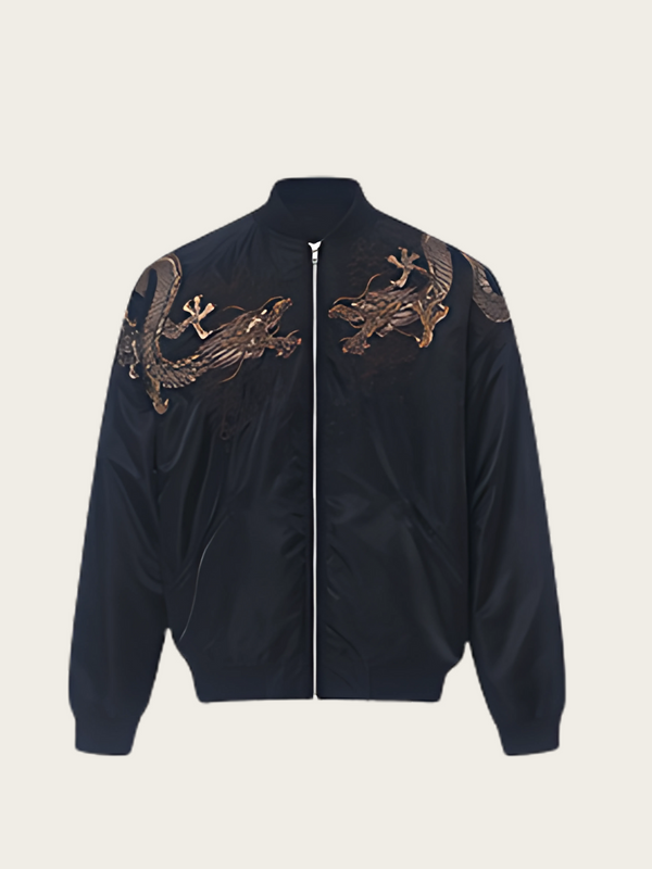 Navy blue jacket with gold lizard embroidery on a beige background