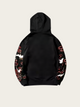 Black hoodie with colorful designs on sleeves against a light background