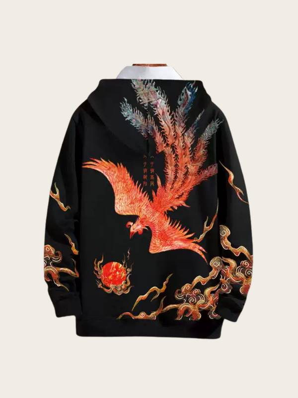 Black hoodie with a red phoenix design on a white background