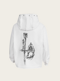 White hoodie with black graphic design on the back against a white background