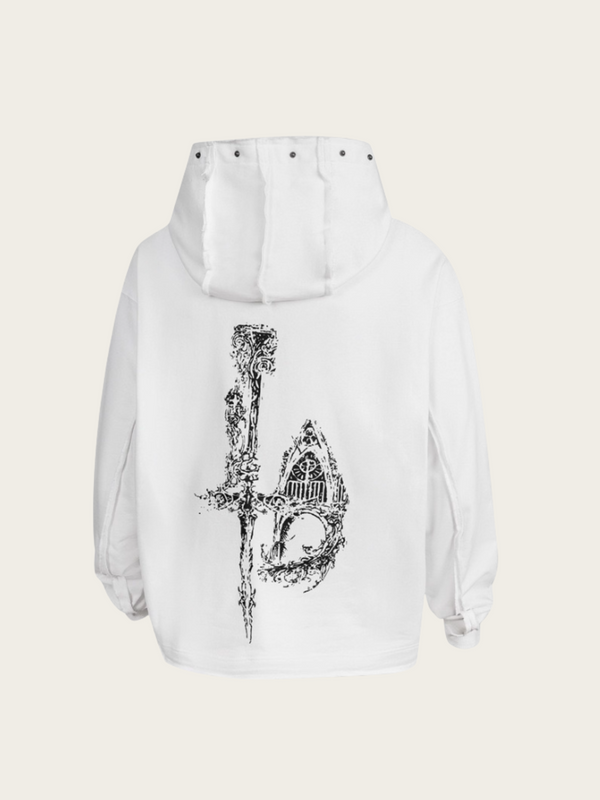 White hoodie with black graphic design on the back against a white background