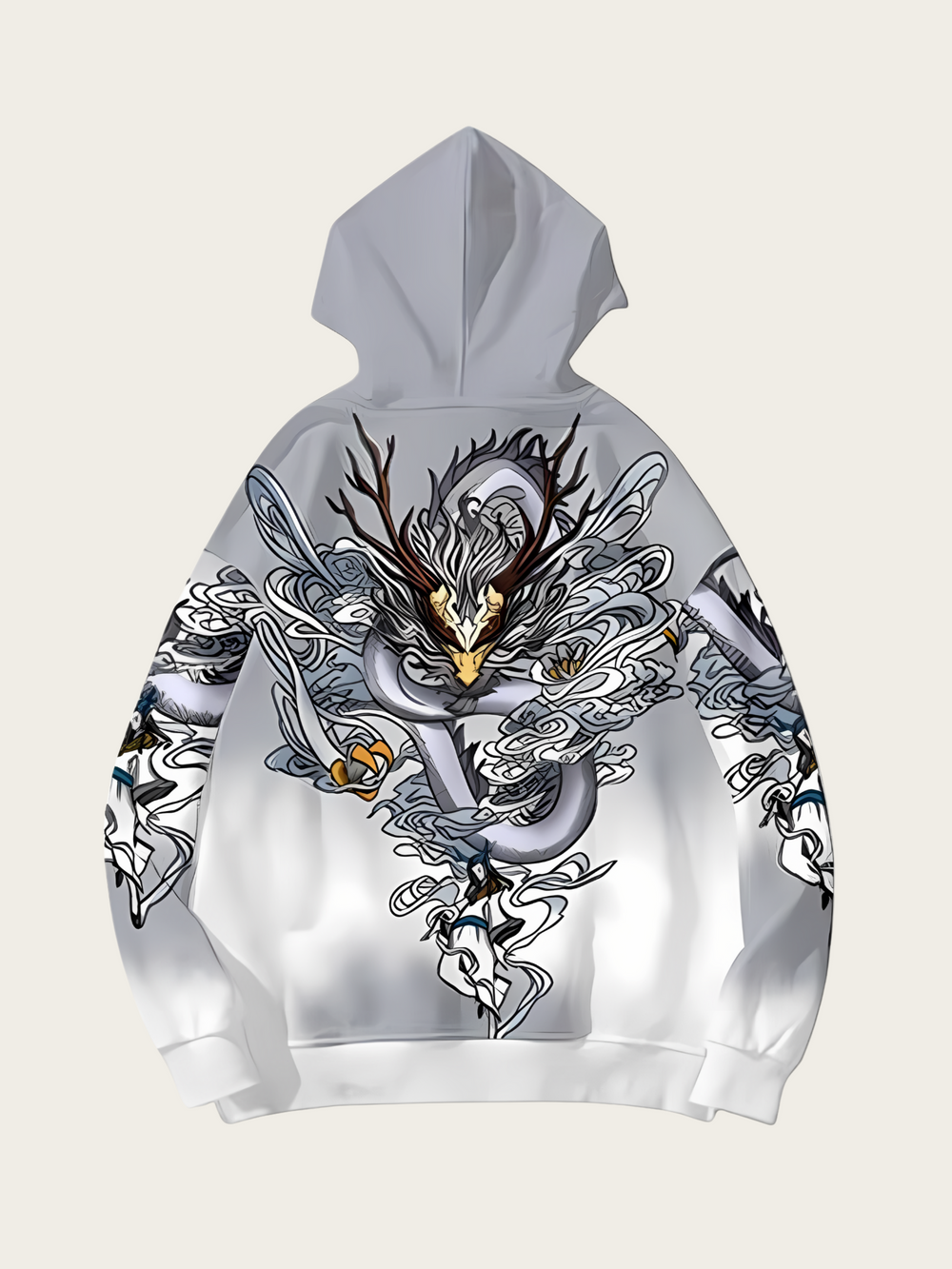 Hoodie with a detailed dragon design on a white background