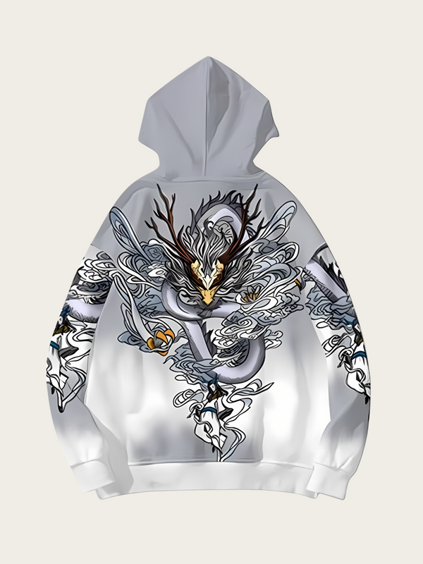 Hoodie with a detailed dragon design on a white background