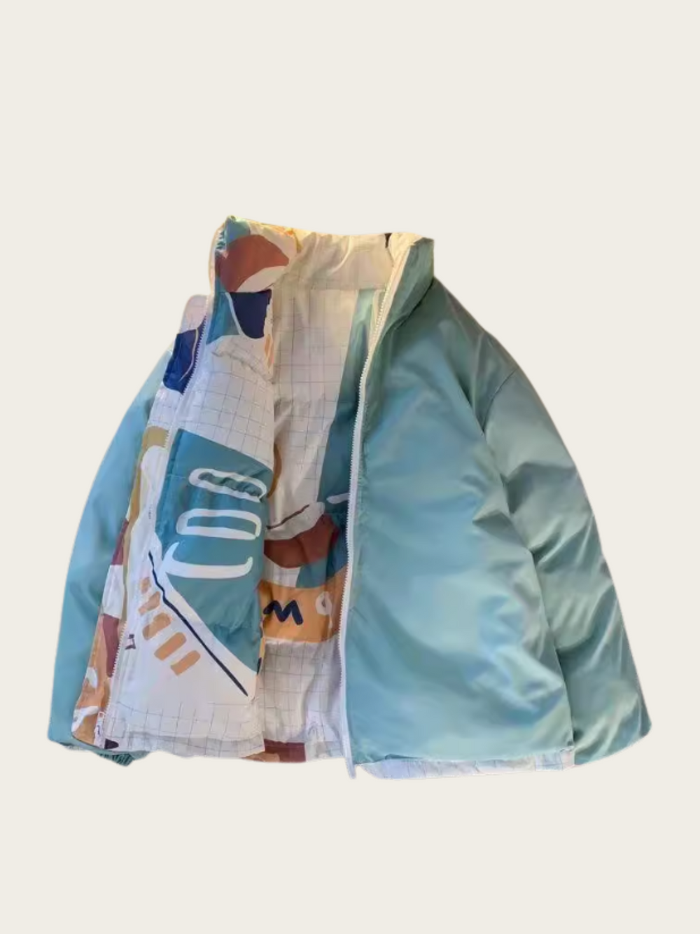 Colorful jacket with abstract patterns on a light gray background