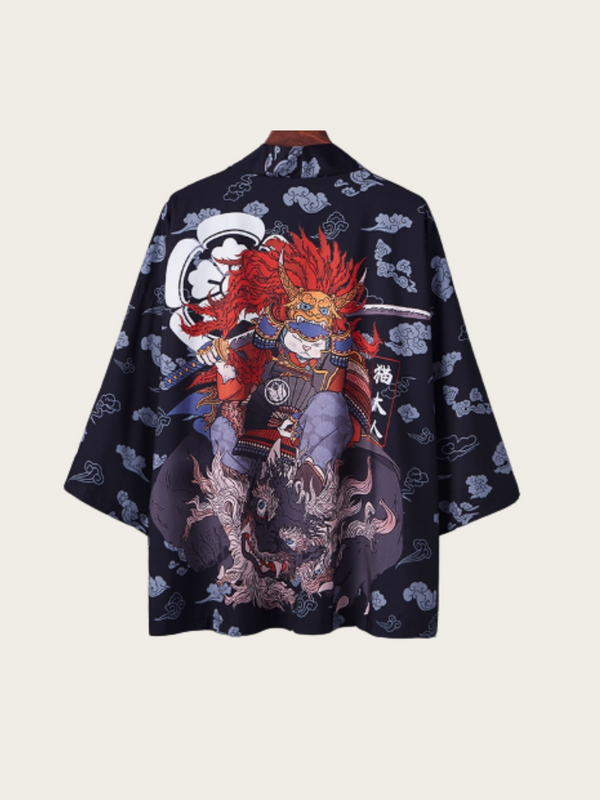 Samurai Dragon Print Black Kimono Haori Cardigan Jacket
