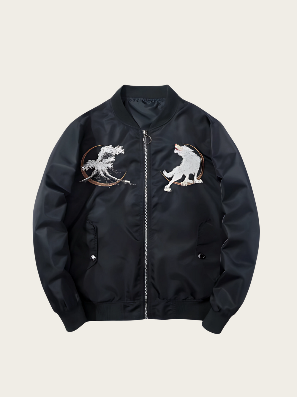 Black jacket with wolf designs on a beige background