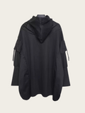 Black hooded jacket on a mannequin against a white background
