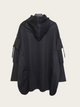 Black hooded jacket on a mannequin against a white background