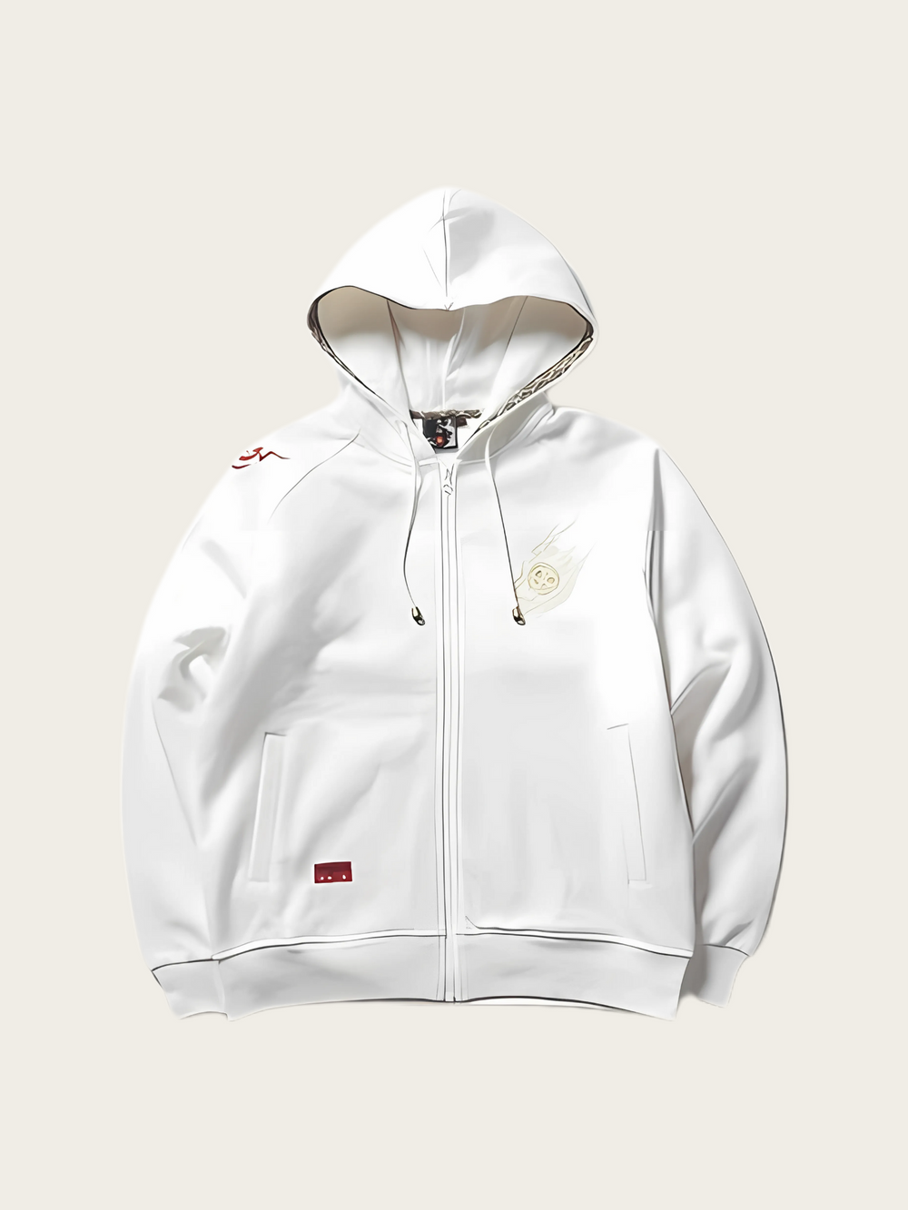 White hoodie with small logos on a light beige background