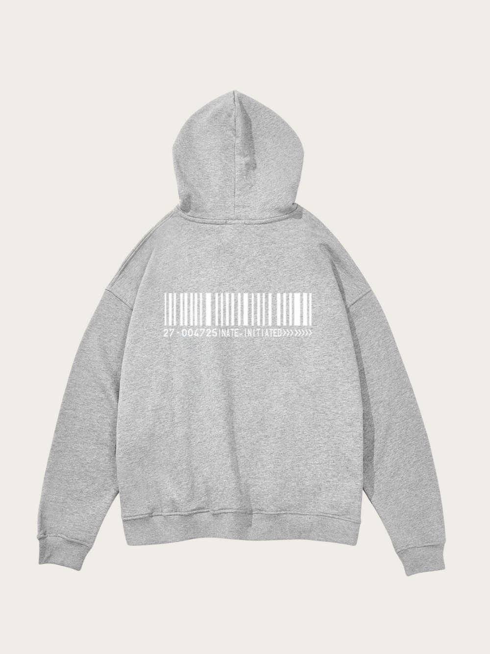 Gray hoodie with a barcode design on the back against a light beige background