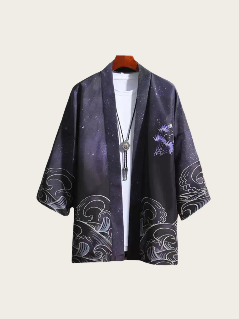 Men's Black Kimono Cardigan with Purple Floral & Wave Print