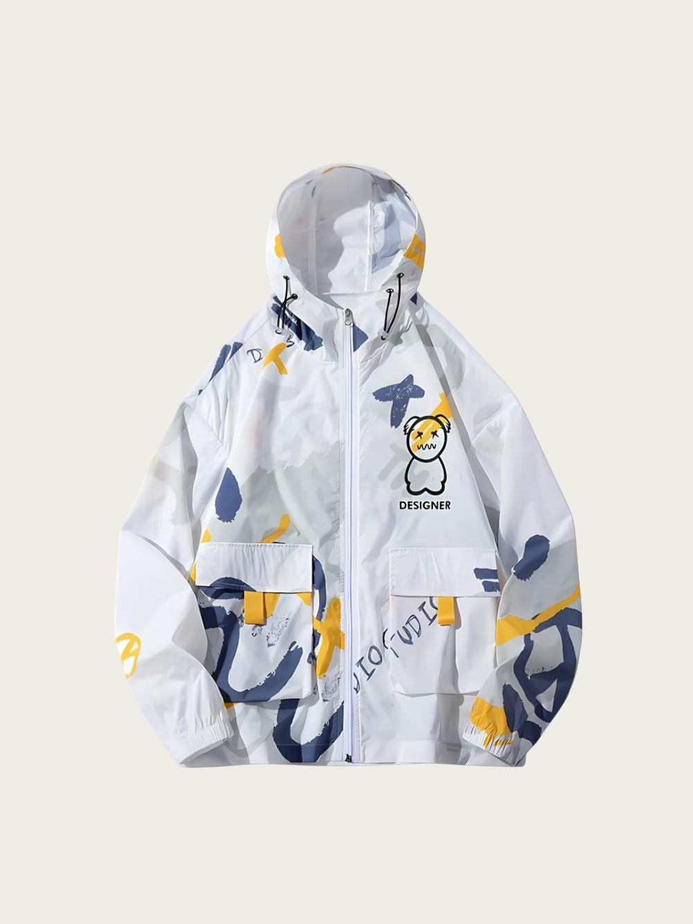 White jacket with colorful patterns on a beige background