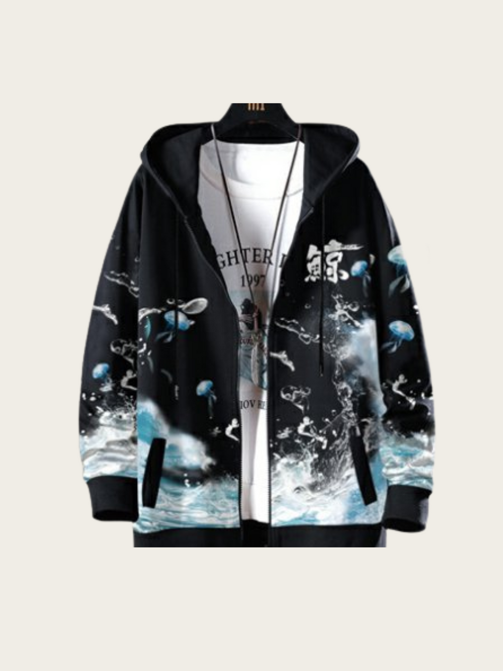 Black hoodie with blue and white abstract design on a light gray background