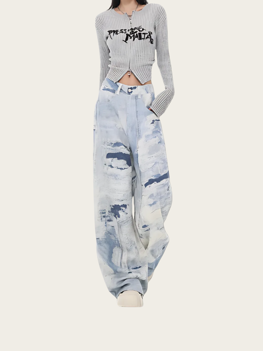 Blue Mirage Wide-Leg Pants – Abstract Wash Denim