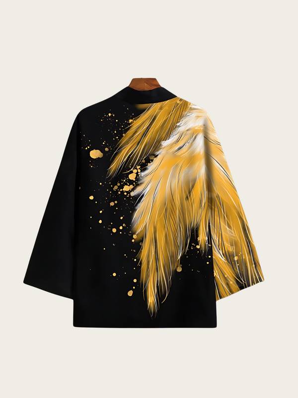 Feather Print Kimono Cardigan – Gold Flame & Silver Frost Haori