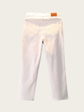 White pants with a brand label on a light gray background