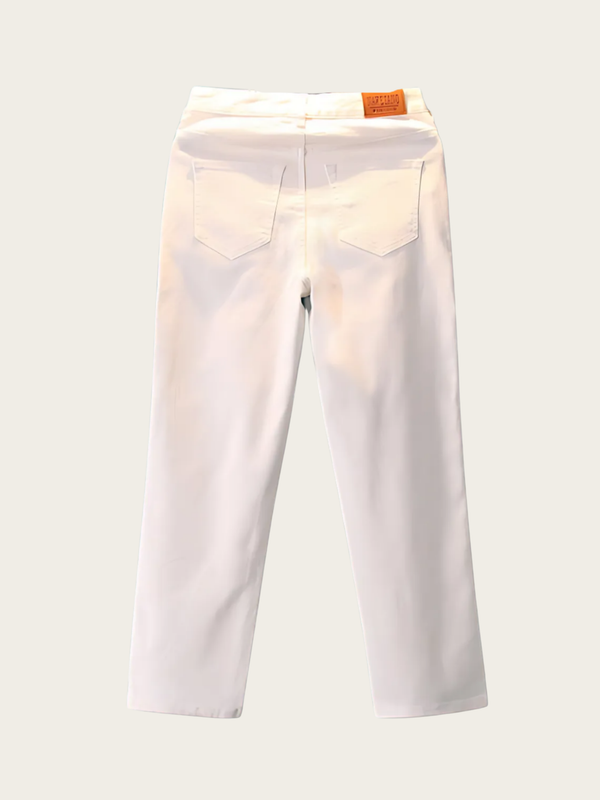 White pants with a brand label on a light gray background
