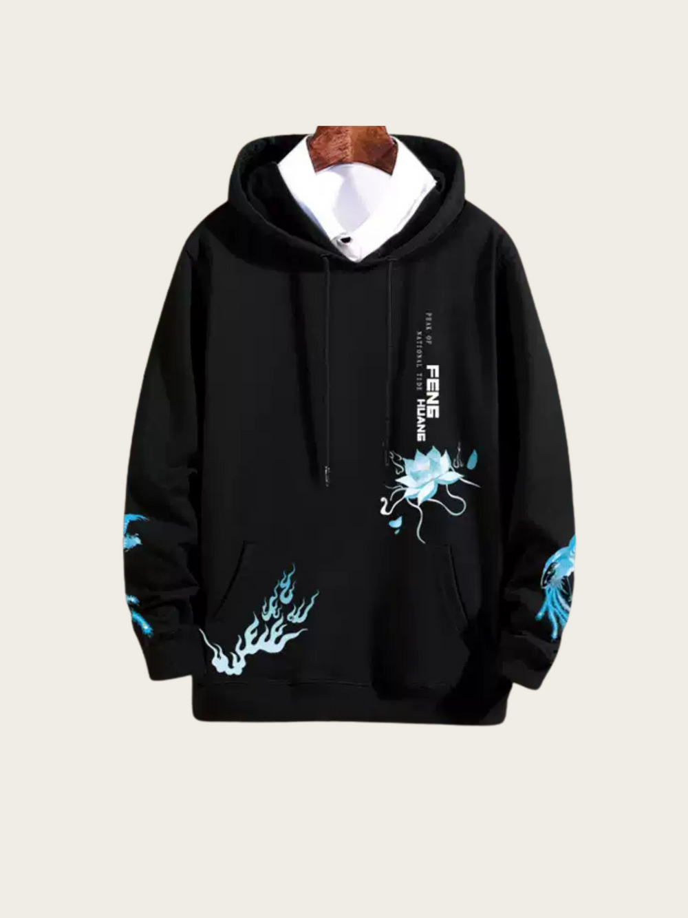 Black hoodie with blue designs and text on a white background
