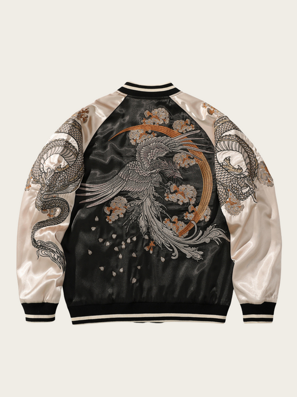 Elegant jacket with dragon and phoenix design on a light background