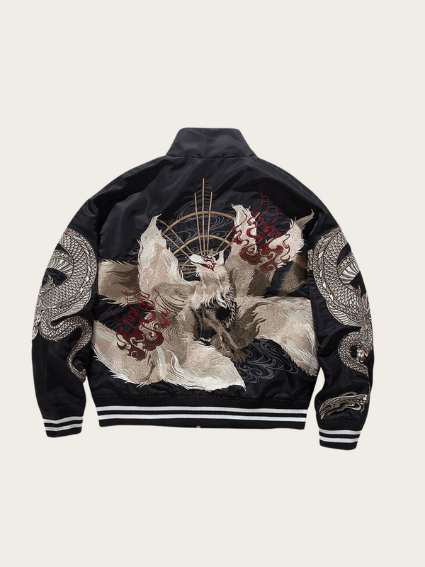 Embroidered Dragon & Kitsune Nine Tail Fox Japanese Souvenir Jacket