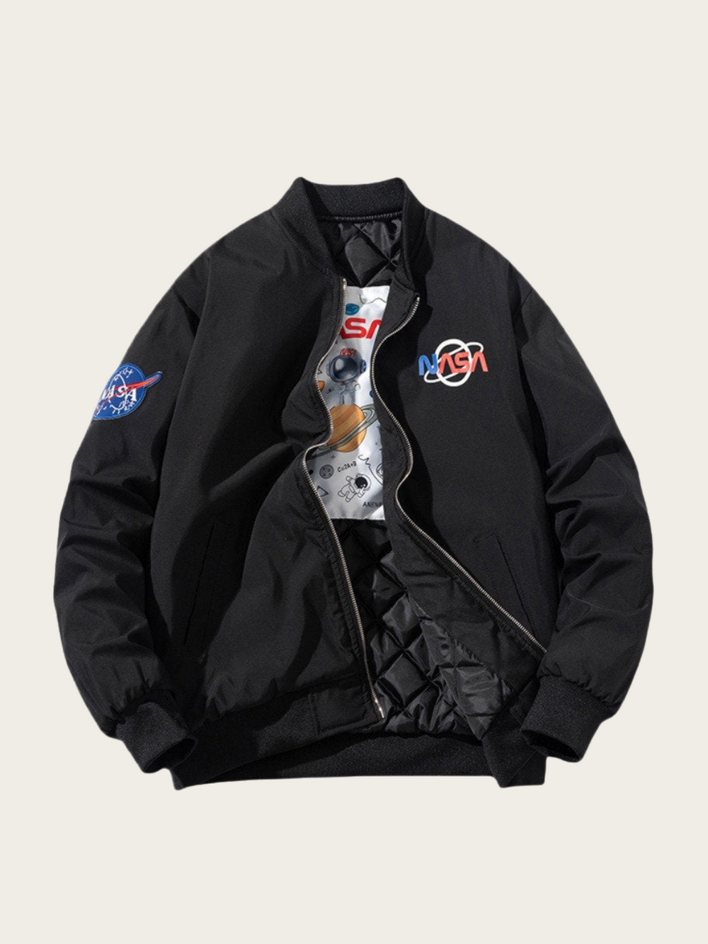 Black jacket with NASA logos on a light gray background