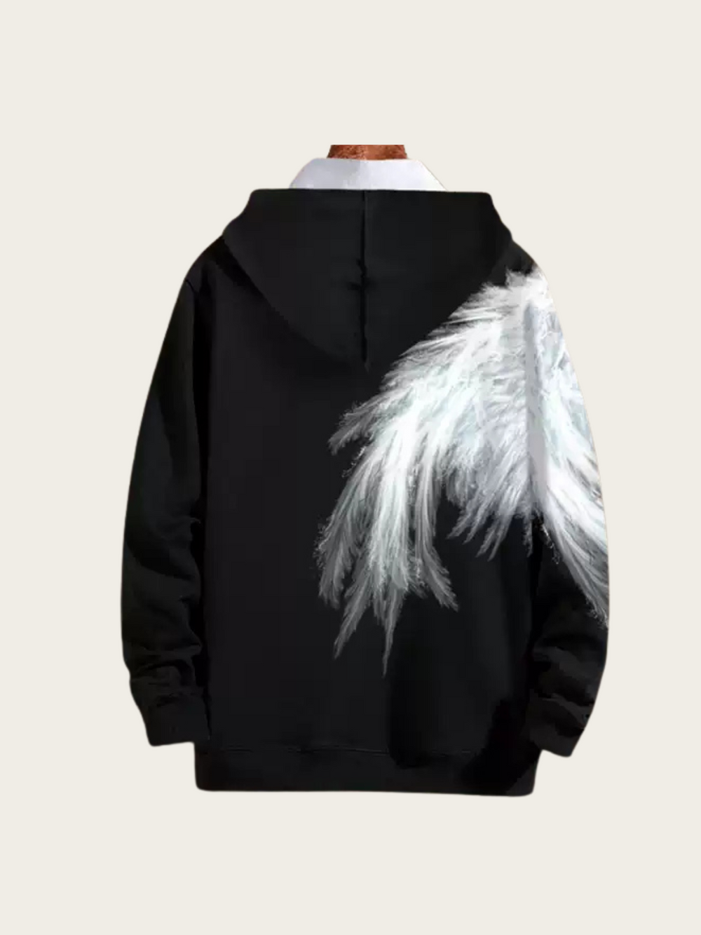 Black hoodie with white feather design on a mannequin against a beige background