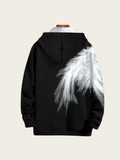 Black hoodie with white feather design on a mannequin against a beige background