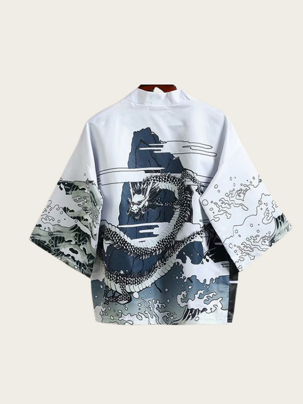 Storm Dragon Kimono Jacket – White Wave & Mountain Print